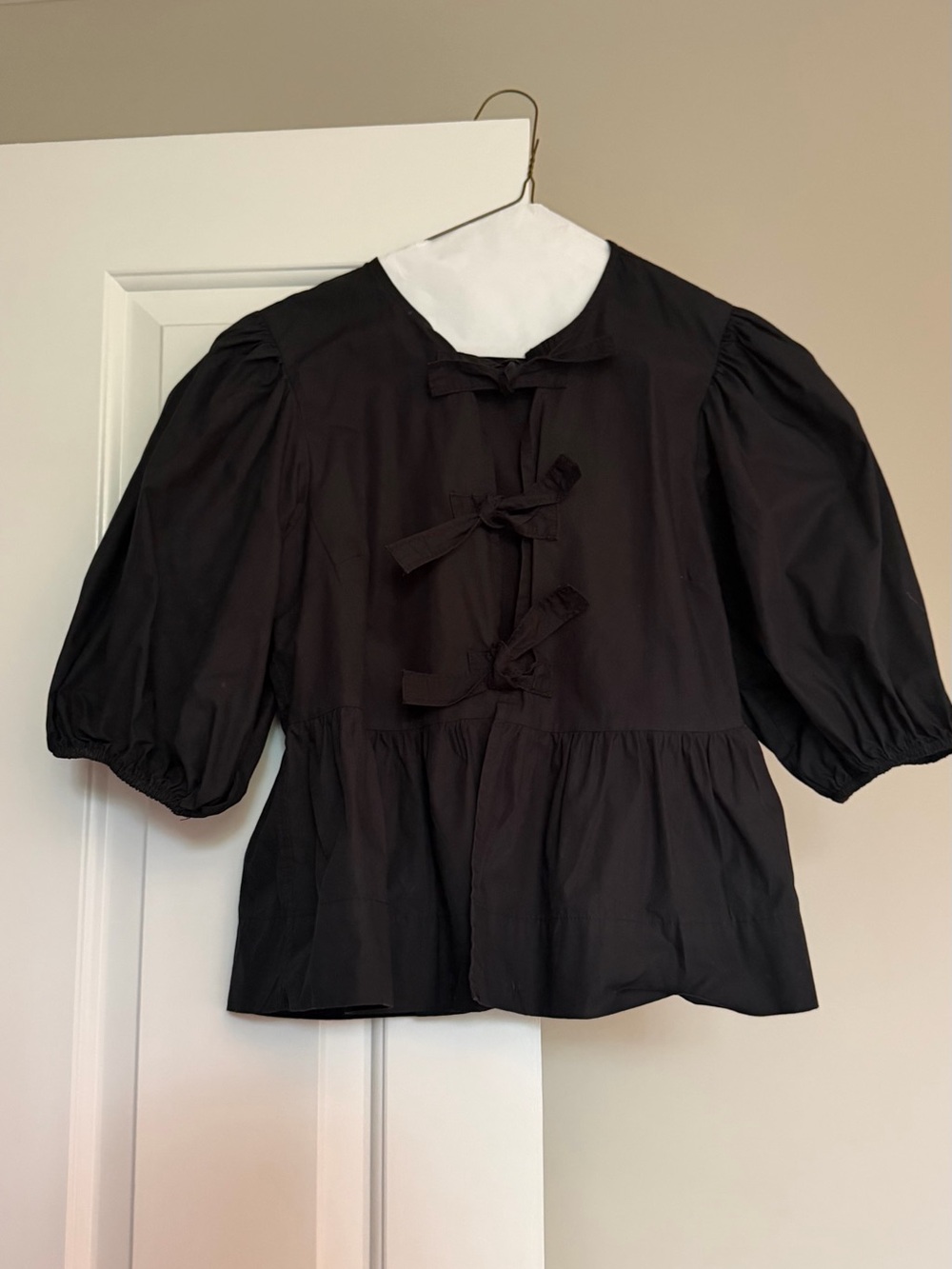 Olivaceous Black Puff-Sleeve Tie-Front Blouse